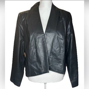 Vintage 90s Black Leather Cropped Blazer Jacket Minimalist Open Front Size 18